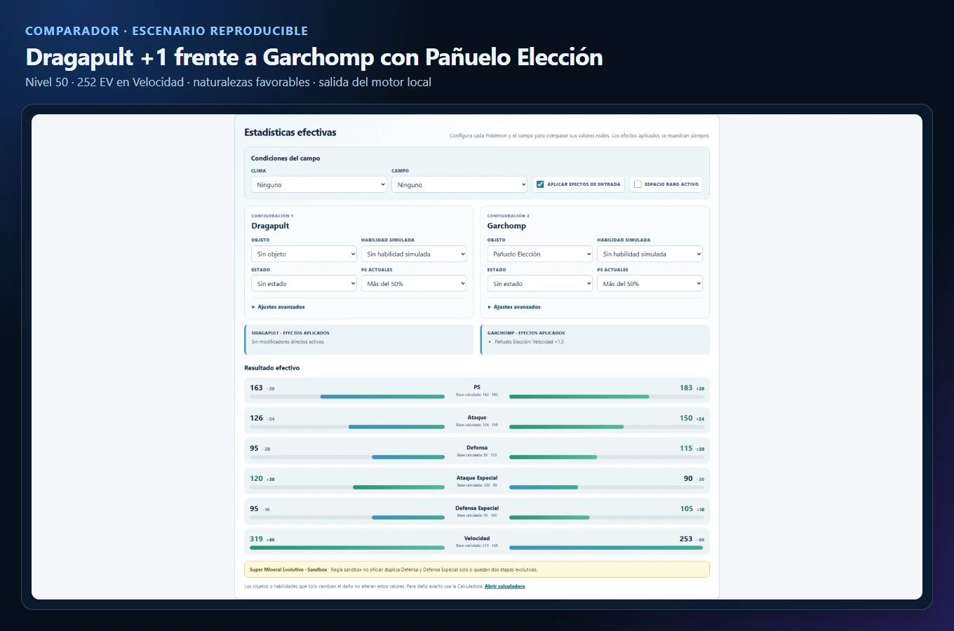 Comparador de CombateDex mostrando las estadísticas efectivas de Dragapult y Garchomp a nivel 50